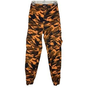 Fashion Nova Orange Camouflage Cargo Jogger Pants Women Size Small Pockets Black